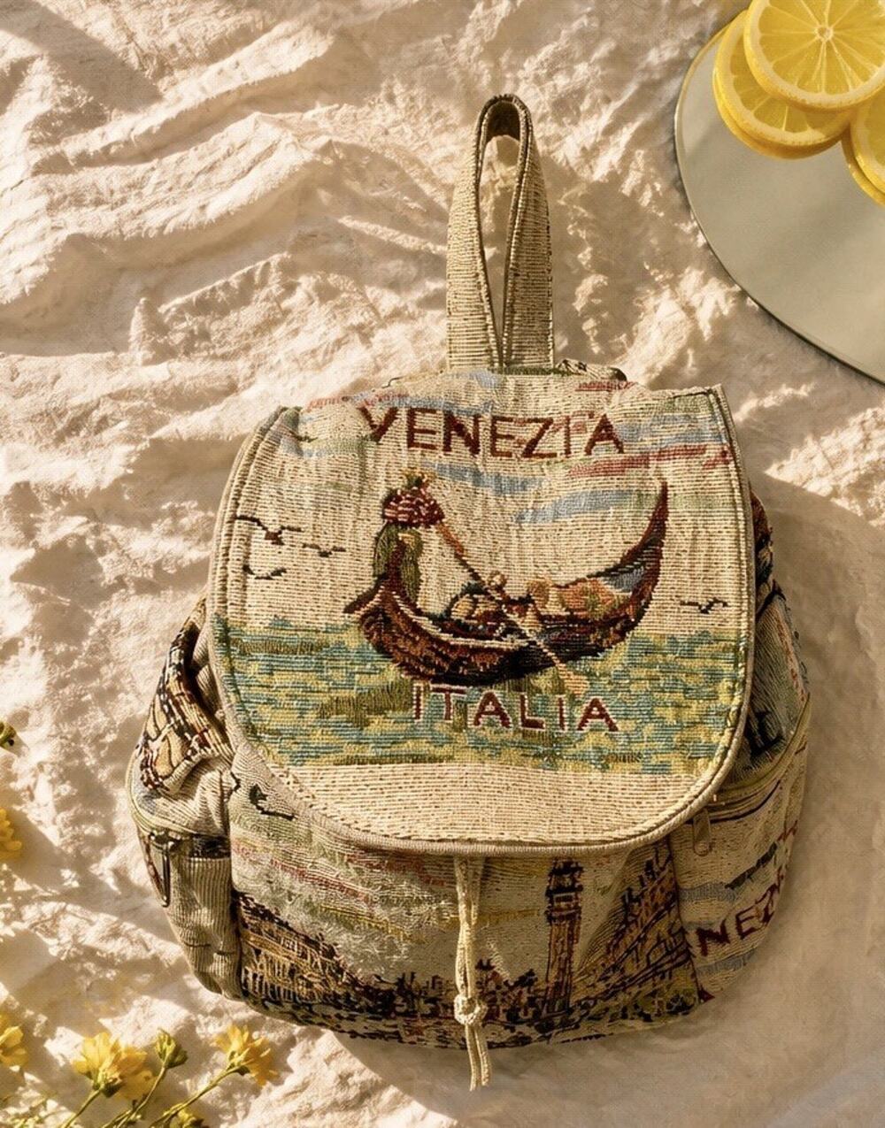Vintage Venizia Italy Tapestry Mini Backpack Bag Purse Travel Souvenir